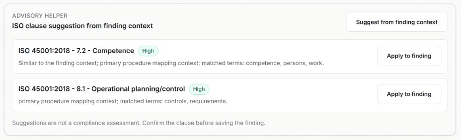 Qaptur advisory helper suggesting ISO 45001 clauses for a finding, each with match strength, matched terms, and an apply-to-finding action