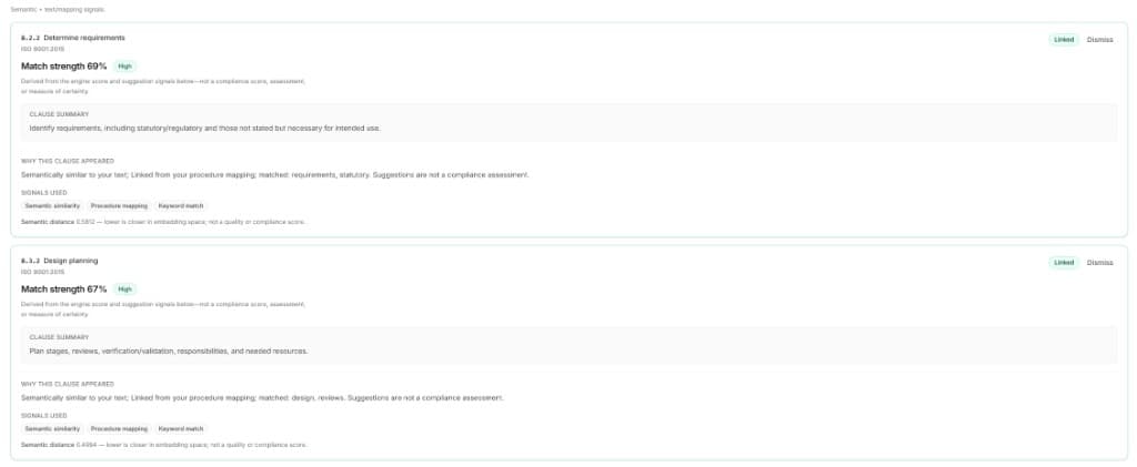 Qaptur Gap clause cards showing ISO 9001 clause titles, match strength, linked status, clause summary, and explainable rationale with semantic and mapping signals